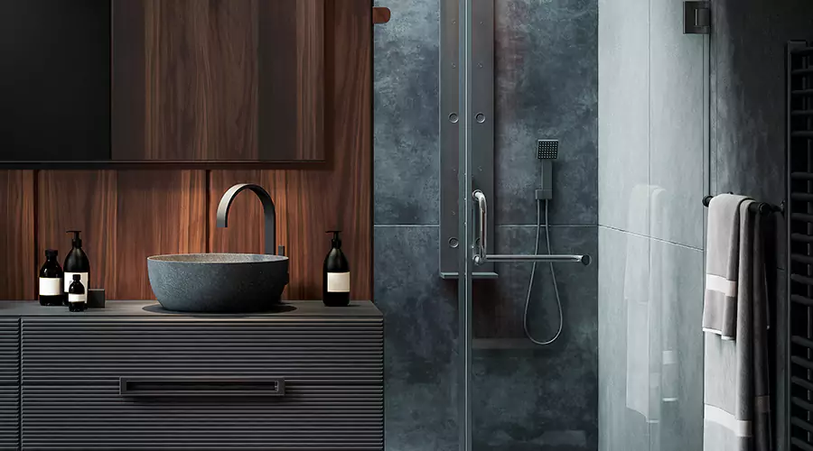 Modern Bathroom Vanity With Stone Sink and Glass Shower Enclosure